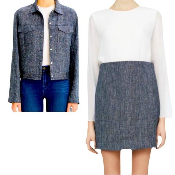 Theory Trucker Jacket and Mini Skirt Linen Blend Melange Herringbone Set NWT - Picture 1 of 16